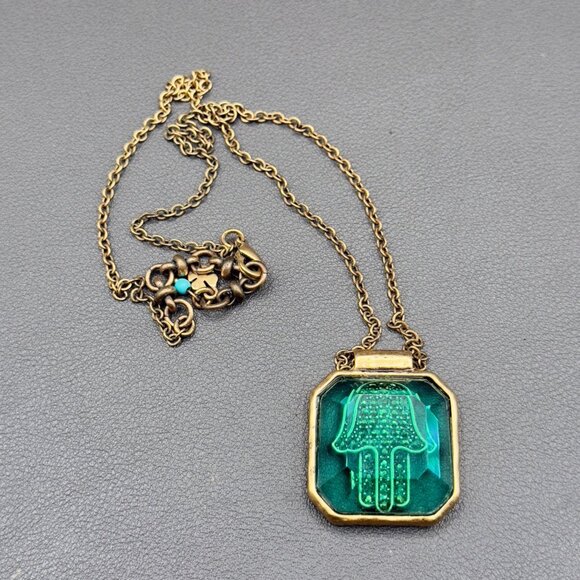Green Hamsa Hand Pendant Necklace Antique Gold Tone Chain Lucky Brand - Picture 10 of 15